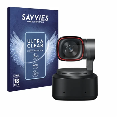 Parte frontal de un envase de producto con el logotipo de la marca Savvies. Al lado se muestra el dispositivo OBSBOT Tiny 2 co