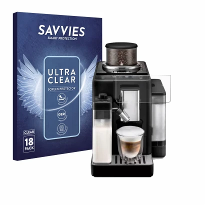 Parte frontal de un envase de producto con el logotipo de la marca Savvies. Al lado se muestra el dispositivo DeLonghi Rivelia