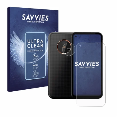 Parte frontal de un envase de producto con el logotipo de la marca Savvies. Al lado se muestra el dispositivo Gigaset GX6 Pro 