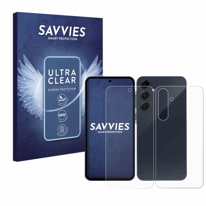 Parte frontal de un envase de producto con el logotipo de la marca Savvies. Al lado se muestra el dispositivo Samsung Galaxy A