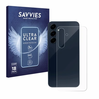 Parte frontal de un envase de producto con el logotipo de la marca Savvies. Al lado se muestra el dispositivo Samsung Galaxy A