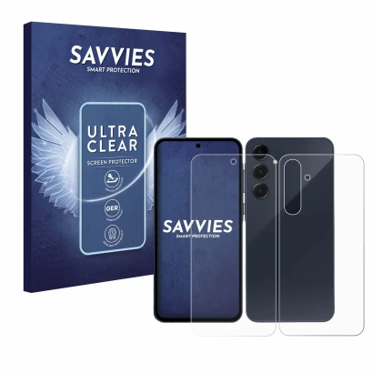 Parte frontal de un envase de producto con el logotipo de la marca Savvies. Al lado se muestra el dispositivo Samsung Galaxy A