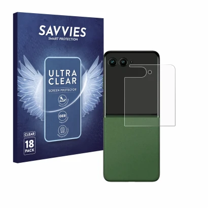 Parte frontal de un envase de producto con el logotipo de la marca Savvies. Al lado se muestra el dispositivo Motorola Razr 50