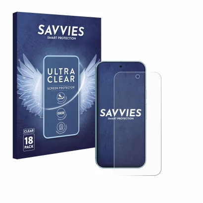 Parte frontal de un envase de producto con el logotipo de la marca Savvies. Al lado se muestra el dispositivo Google Pixel 9 P