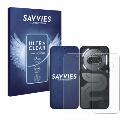 Parte frontal de un envase de producto con el logotipo de la marca Savvies. Al lado se muestra el dispositivo Nothing Phone (2