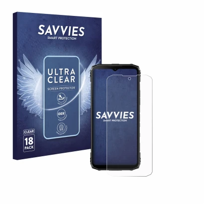 Parte frontal de un envase de producto con el logotipo de la marca Savvies. Al lado se muestra el dispositivo Doogee Blade 10 