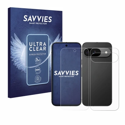 Parte frontal de un envase de producto con el logotipo de la marca Savvies. Al lado se muestra el dispositivo Google Pixel 9 (