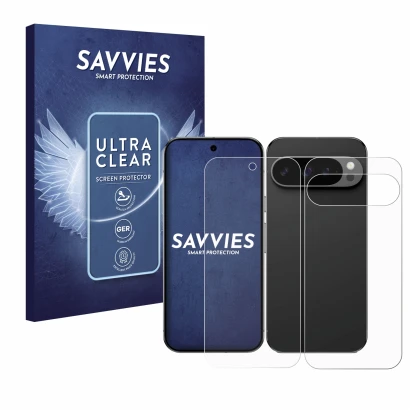 Parte frontal de un envase de producto con el logotipo de la marca Savvies. Al lado se muestra el dispositivo Google Pixel 9 P