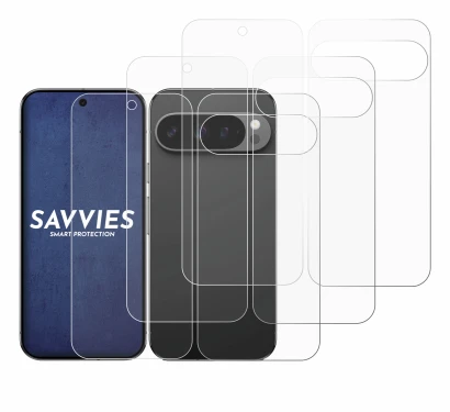 Imagen del dispositivo Google Pixel 9 Pro (Frontal+Trasero) con una amplia variedad de protectores de pantalla.