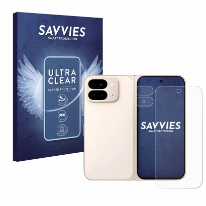 Parte frontal de un envase de producto con el logotipo de la marca Savvies. Al lado se muestra el dispositivo Google Pixel 9 P