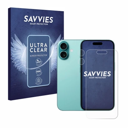 Parte frontal de un envase de producto con el logotipo de la marca Savvies. Al lado se muestra el dispositivo Apple iPhone 16 