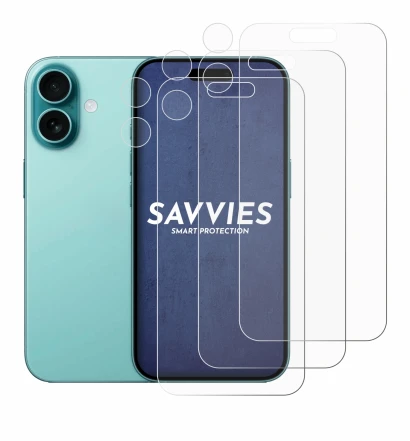 Imagen del dispositivo Apple iPhone 16 (Frontal+Cámara) con una amplia variedad de protectores de pantalla.