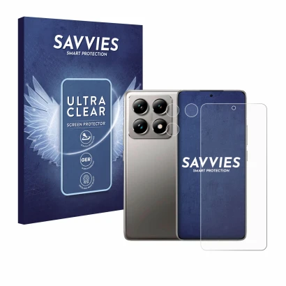 Parte frontal de un envase de producto con el logotipo de la marca Savvies. Al lado se muestra el dispositivo Xiaomi 14T (Fron