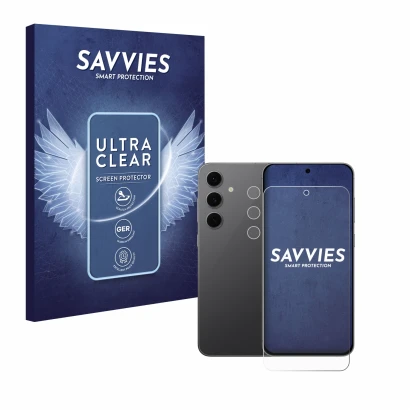 Parte frontal de un envase de producto con el logotipo de la marca Savvies. Al lado se muestra el dispositivo Samsung Galaxy S