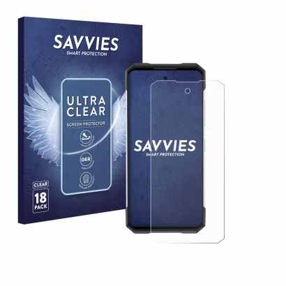 Parte frontal de un envase de producto con el logotipo de la marca Savvies. Al lado se muestra el dispositivo Doogee S200 con 