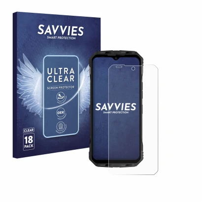 Parte frontal de un envase de producto con el logotipo de la marca Savvies. Al lado se muestra el dispositivo Doogee V Max Plu
