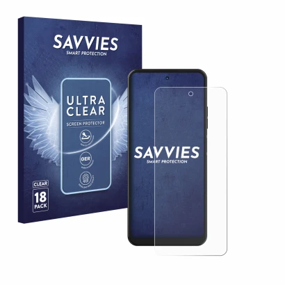 Parte frontal de un envase de producto con el logotipo de la marca Savvies. Al lado se muestra el dispositivo Hotwav Note 12 c