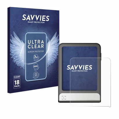 Parte frontal de un envase de producto con el logotipo de la marca Savvies. Al lado se muestra el dispositivo Ledger Flex con 