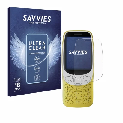 Parte frontal de un envase de producto con el logotipo de la marca Savvies. Al lado se muestra el dispositivo Nokia 3210 con s
