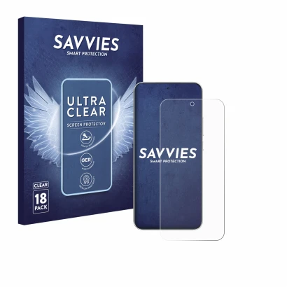Parte frontal de un envase de producto con el logotipo de la marca Savvies. Al lado se muestra el dispositivo Honor Magic 7 co