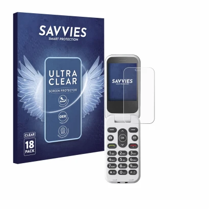 Parte frontal de un envase de producto con el logotipo de la marca Savvies. Al lado se muestra el dispositivo Doro 2820 con su