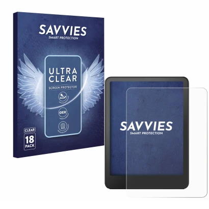 Parte frontal de un envase de producto con el logotipo de la marca Savvies. Al lado se muestra el dispositivo Amazon Kindle Pa