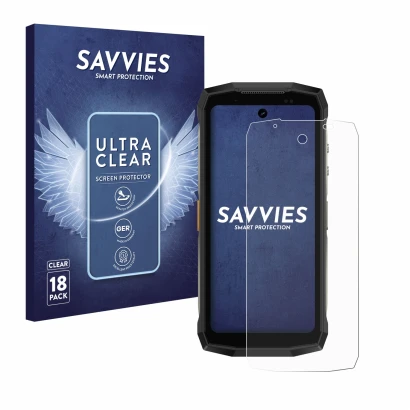 Parte frontal de un envase de producto con el logotipo de la marca Savvies. Al lado se muestra el dispositivo Ulefone Armor Mi