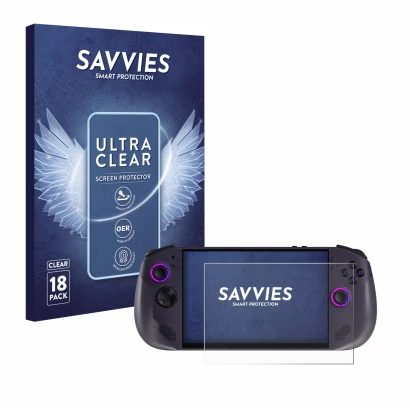 Parte frontal de un envase de producto con el logotipo de la marca Savvies. Al lado se muestra el dispositivo Lenovo Legion Go