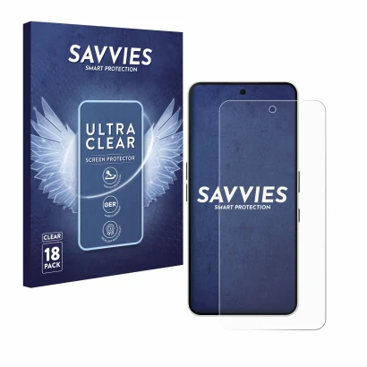 Parte frontal de un envase de producto con el logotipo de la marca Savvies. Al lado se muestra el dispositivo Nothing Phone (3