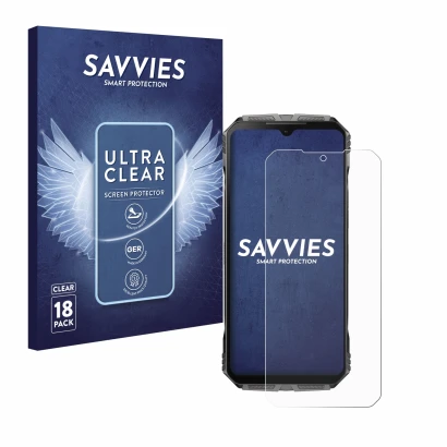 Parte frontal de un envase de producto con el logotipo de la marca Savvies. Al lado se muestra el dispositivo Doogee S Cyber P