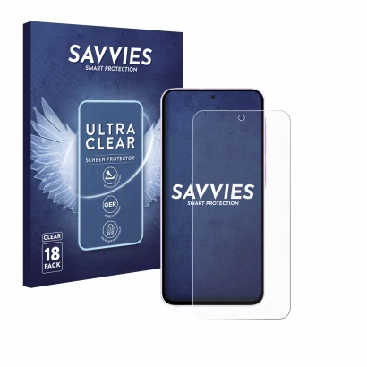Parte frontal de un envase de producto con el logotipo de la marca Savvies. Al lado se muestra el dispositivo Samsung Galaxy A