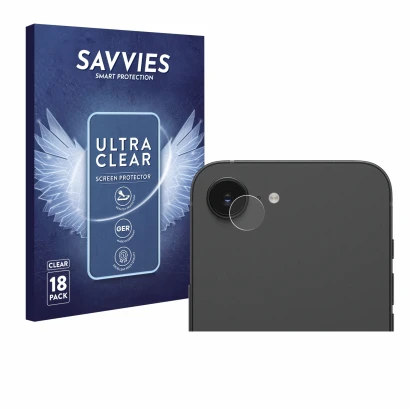 Parte frontal de un envase de producto con el logotipo de la marca Savvies. Al lado se muestra el dispositivo Apple iPhone 16e