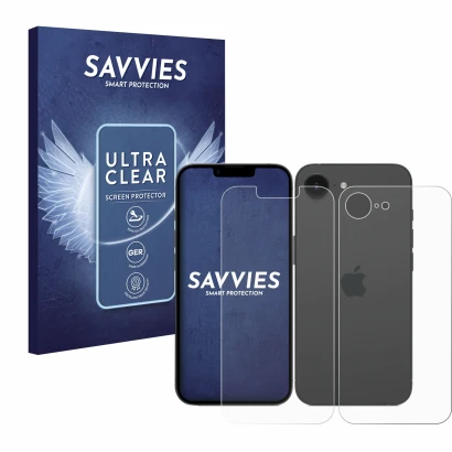 Parte frontal de un envase de producto con el logotipo de la marca Savvies. Al lado se muestra el dispositivo Apple iPhone 16e