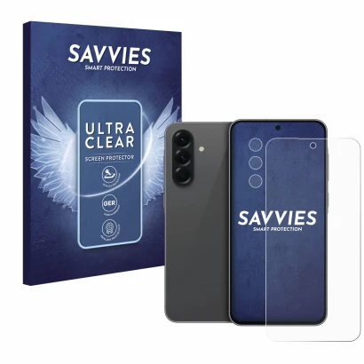 Parte frontal de un envase de producto con el logotipo de la marca Savvies. Al lado se muestra el dispositivo Samsung Galaxy A