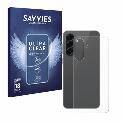 Parte frontal de un envase de producto con el logotipo de la marca Savvies. Al lado se muestra el dispositivo Samsung Galaxy A