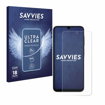 Parte frontal de un envase de producto con el logotipo de la marca Savvies. Al lado se muestra el dispositivo Samsung Galaxy A