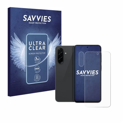 Parte frontal de un envase de producto con el logotipo de la marca Savvies. Al lado se muestra el dispositivo Samsung Galaxy A
