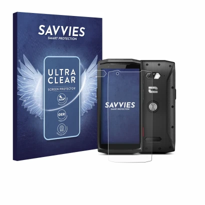 Parte frontal de un envase de producto con el logotipo de la marca Savvies. Al lado se muestra el dispositivo Crosscall Core-M