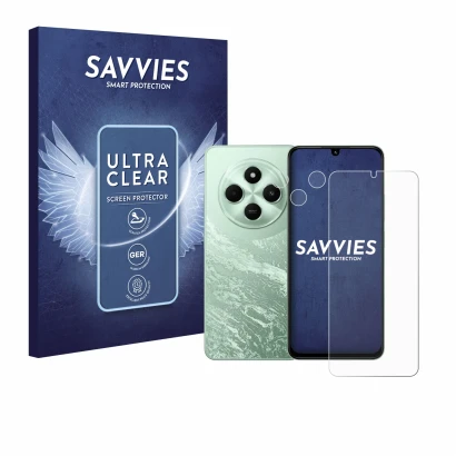 Parte frontal de un envase de producto con el logotipo de la marca Savvies. Al lado se muestra el dispositivo Xiaomi Poco C75 