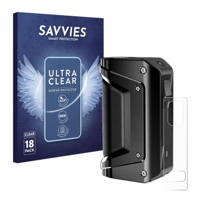 Parte frontal de un envase de producto con el logotipo de la marca Savvies. Al lado se muestra el dispositivo GeekVape Aegis L