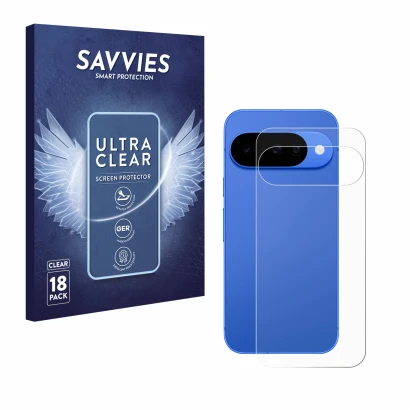 Parte frontal de un envase de producto con el logotipo de la marca Savvies. Al lado se muestra el dispositivo Google Pixel 10 