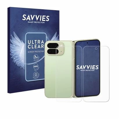 Parte frontal de un envase de producto con el logotipo de la marca Savvies. Al lado se muestra el dispositivo Google Pixel 10 