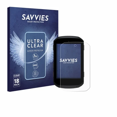 Parte frontal de un envase de producto con el logotipo de la marca Savvies. Al lado se muestra el dispositivo Garmin Edge 850 