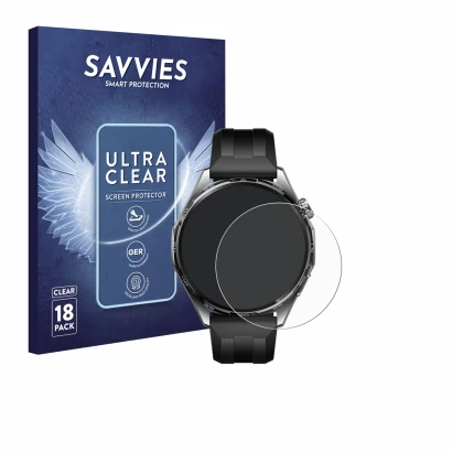Parte frontal de un envase de producto con el logotipo de la marca Savvies. Al lado se muestra el dispositivo Huawei Watch GT 