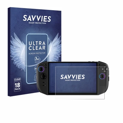 Parte frontal de un envase de producto con el logotipo de la marca Savvies. Al lado se muestra el dispositivo Lenovo Legion Go