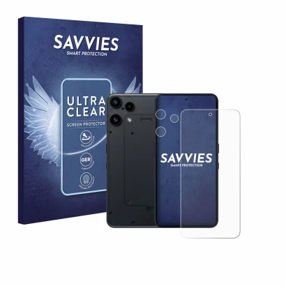 Parte frontal de un envase de producto con el logotipo de la marca Savvies. Al lado se muestra el dispositivo Nothing Phone (3