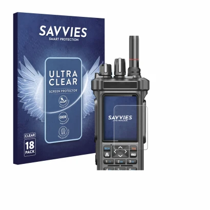 Parte frontal de un envase de producto con el logotipo de la marca Savvies. Al lado se muestra el dispositivo Radtel RT-950 Pr
