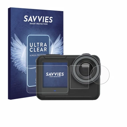 Parte frontal de un envase de producto con el logotipo de la marca Savvies. Al lado se muestra el dispositivo SVBONY SVGO3 4K 