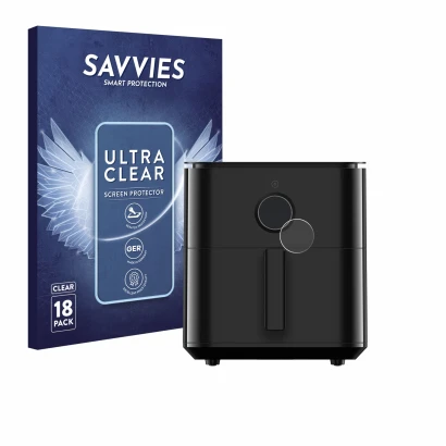 Parte frontal de un envase de producto con el logotipo de la marca Savvies. Al lado se muestra el dispositivo Xiaomi Air Fryer