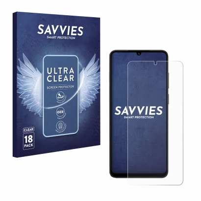 Parte frontal de un envase de producto con el logotipo de la marca Savvies. Al lado se muestra el dispositivo Honor X5c Plus c